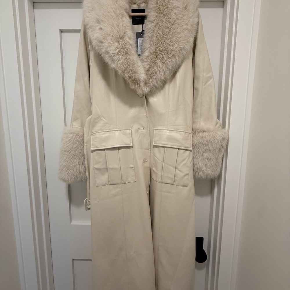 Nasty Gal Cream Faux Fur-Trimmed faux leather Trench Coat